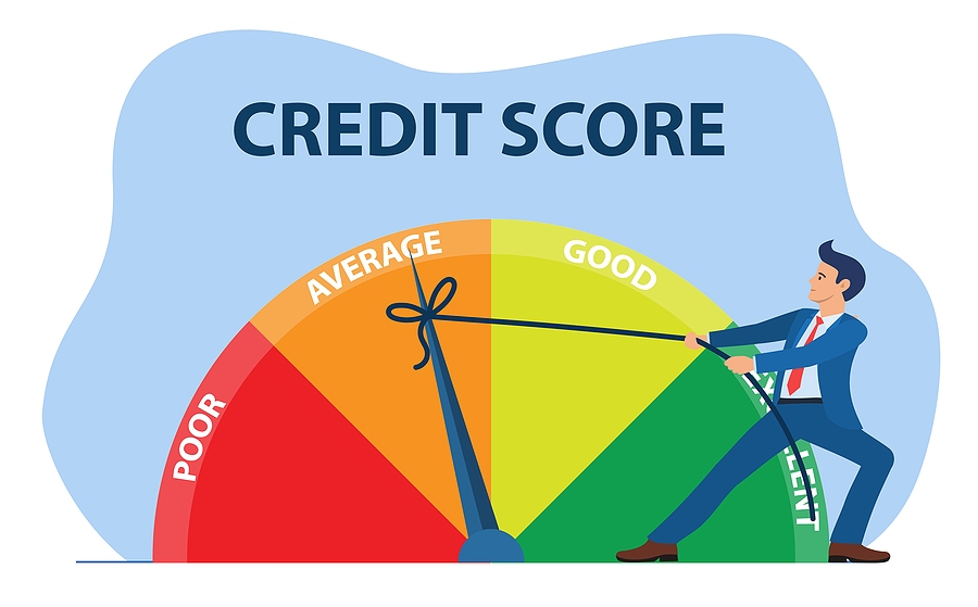 Credit score concept. businessman pulling scale changing credit information from poor to good, excellent. Payment history data meter. Vector illustration in flat style.